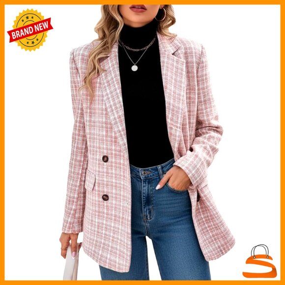 Plaid Tweed Blazer Jacket Elegant Open Front Business Casual Work Office